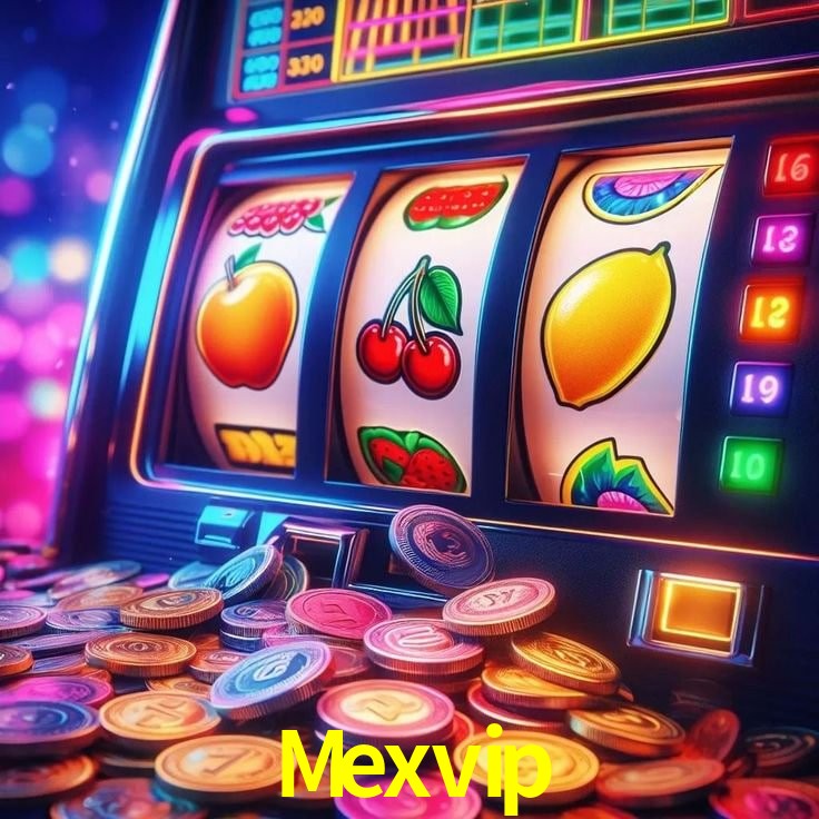Escena dinámica inspirada en casino con iluminación Mexvip, cartas, fichas e íconos de juegos digitales en un espacio moderno de juegos.